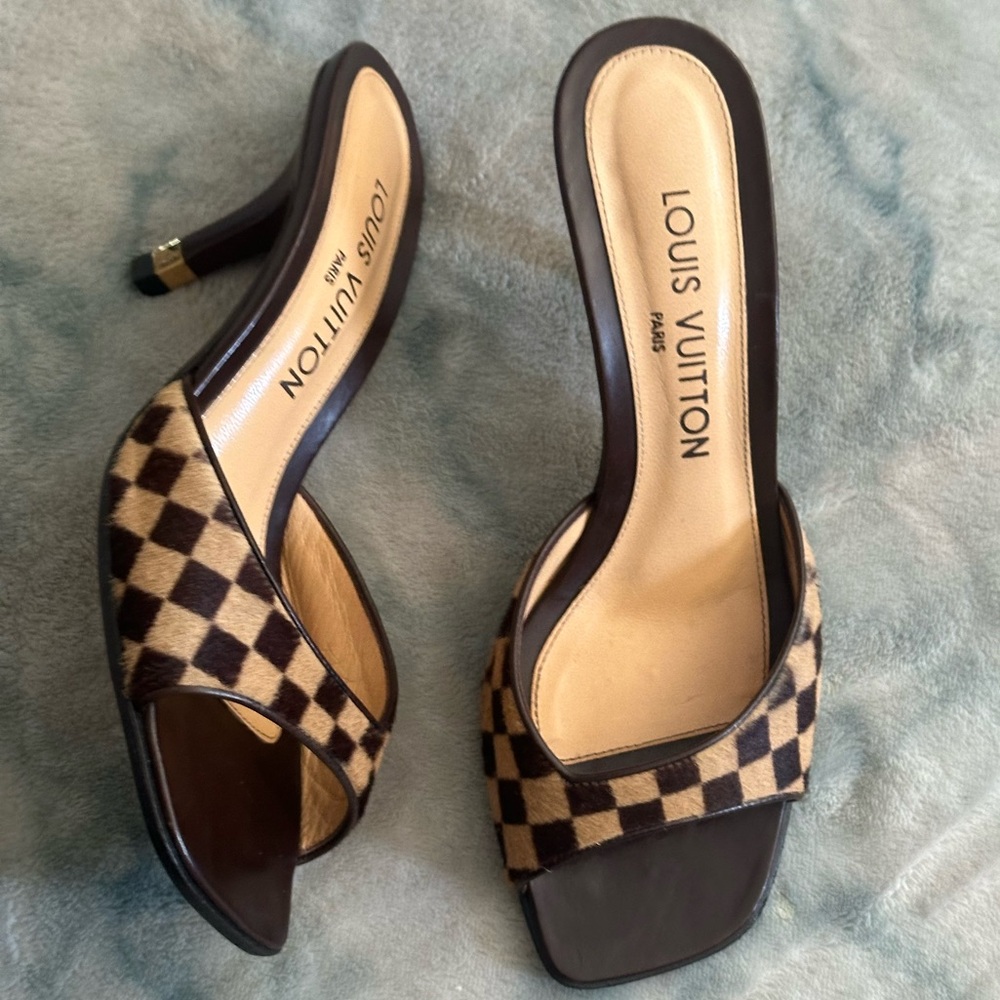 VINTAGE LOUIS VUITTON DAMIER EBENE PONY HAIR MULE SLIDE HEELS SIZE 6.5